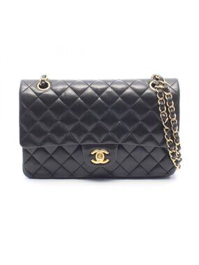 Chanel Shoulder Bag Quilted Double Flap Black Lambskin Chain